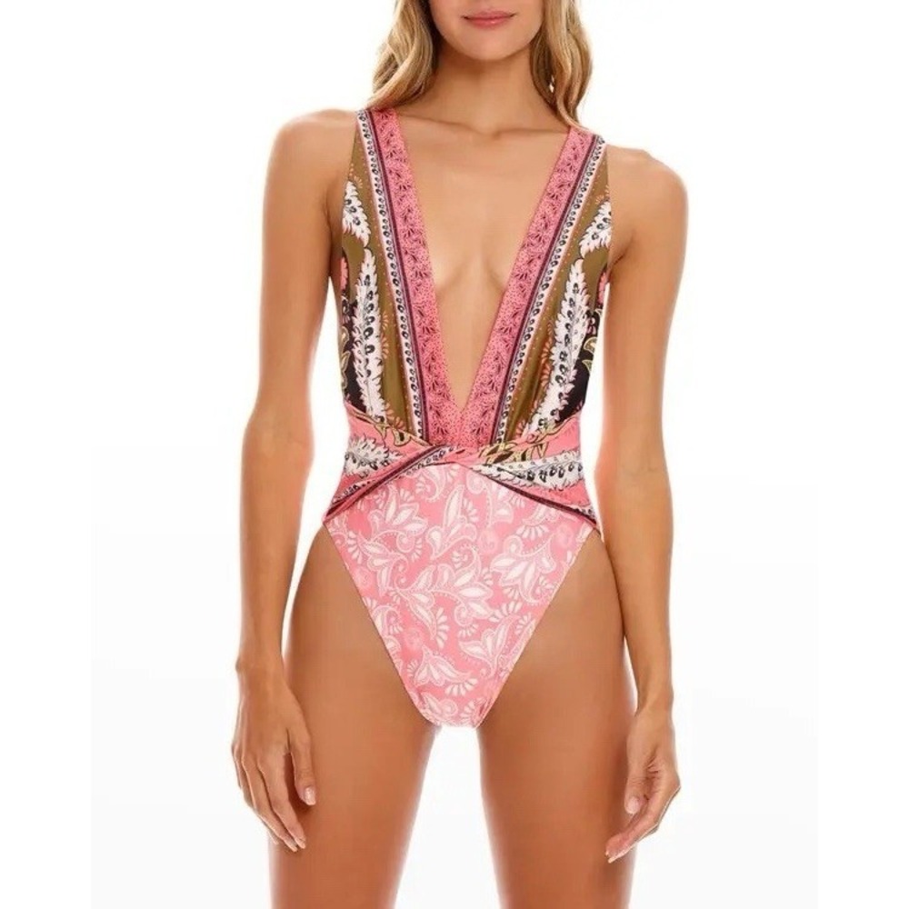 Agua Bendita Antiq Ellis Swimsuit Size Large Pink Printed One Piece Deep V Neck